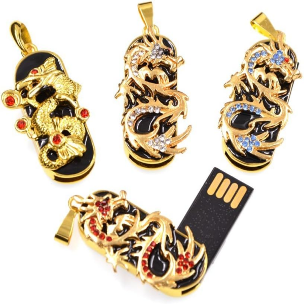 FEBNISCTE Golden Dragon Crystal Pendant Flash Drive